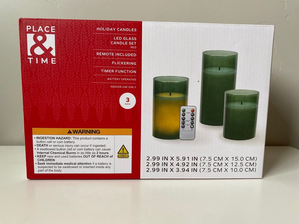 Place & Time 3 Pack Holiday Candles LED Glass Candle Set with Remote- Green